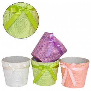 Coș rotund din textil croșetat verde cu fundă pentru aranjamente florale
