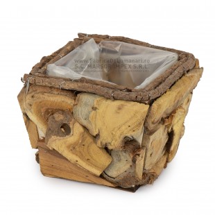 Coș pătrat din rădăcină de copac 15 × 15 × 11 cm pentru aranjamente florale rustice