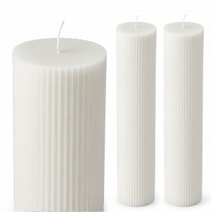 Set 2 lumânări cununie cilindrice albe cu dungi fine Ø70 mm × 34 cm din parafină pură