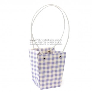 Pungă tip poșetă carouri lila-alb pentru flori 13×13×15 cm set 10 buc