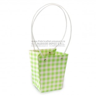 Pungă tip poșetă carouri verde-alb pentru flori 13×13×15 cm set 10 buc