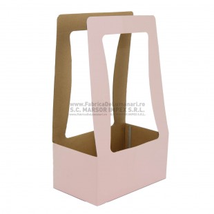 Cutie carton tip poșetă roz pal/kraft pentru flori 12×22×10 cm