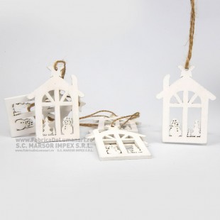 Figurine căsuță albă din lemn pentru Crăciun 4×7 cm (set 6)