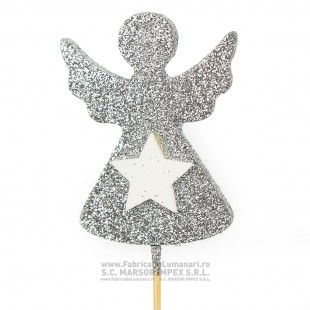 Îngeraș decorativ argintiu cu sclipici pe tijă 25 cm (10 buc)